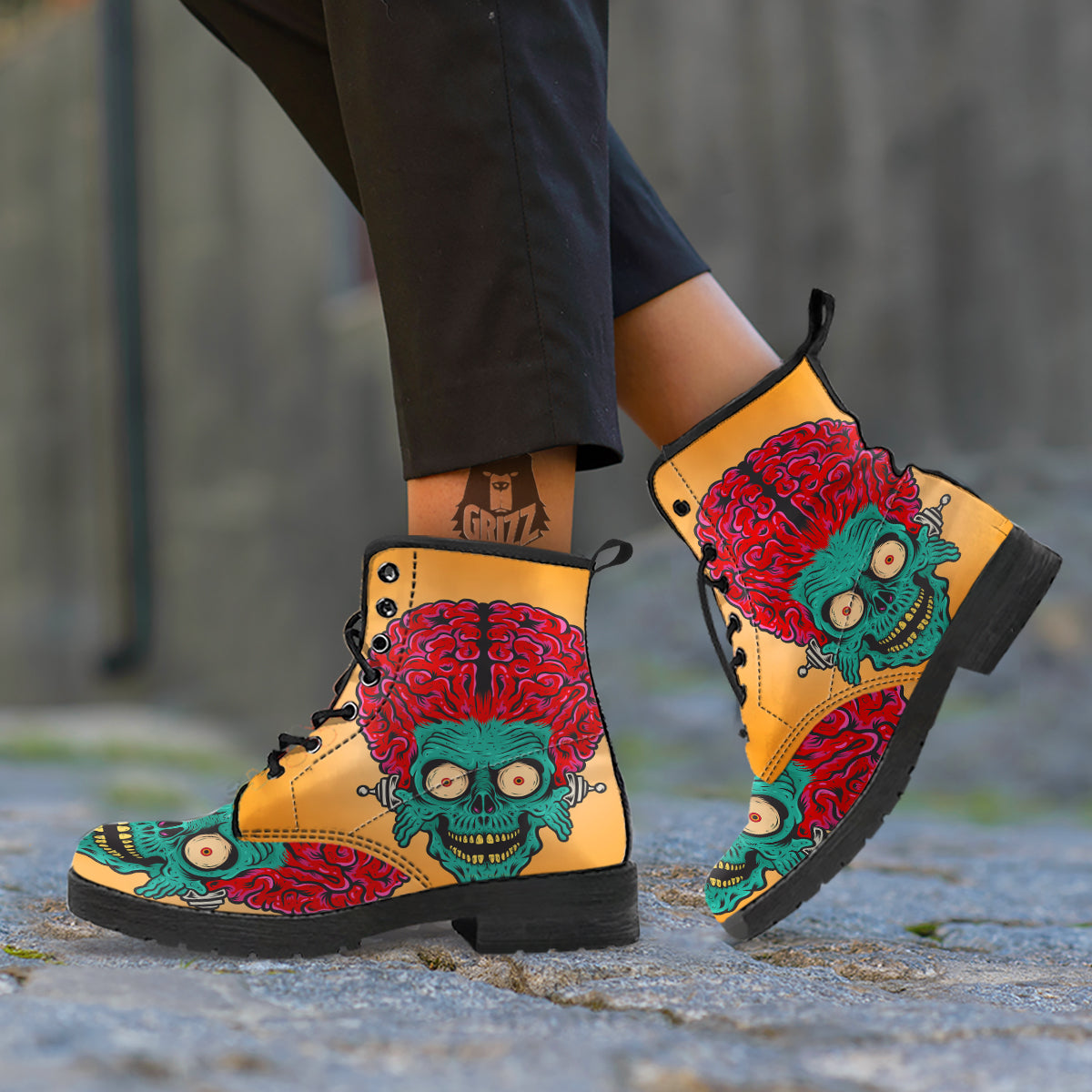 Zombie Big Brain Print Leather Boots-grizzshop