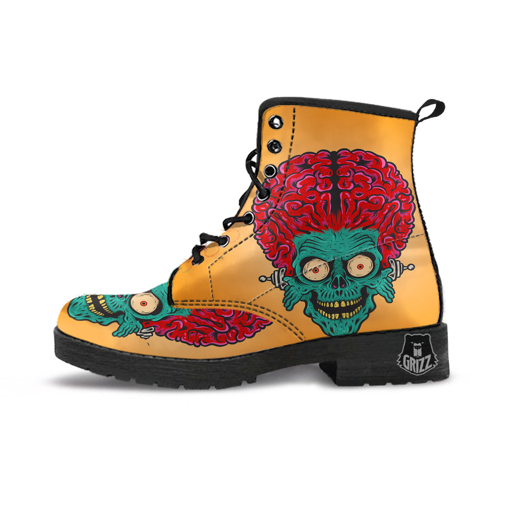 Zombie Big Brain Print Leather Boots-grizzshop