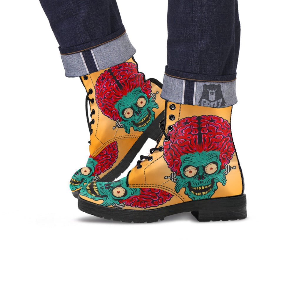 Zombie Big Brain Print Leather Boots-grizzshop