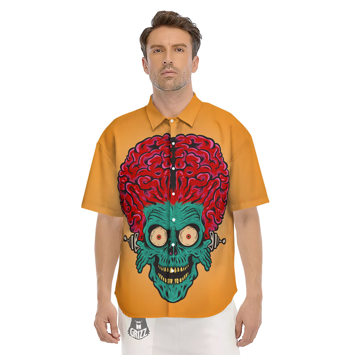 Zombie Big Brain Print Men's Short Sleeve Shirts-grizzshop