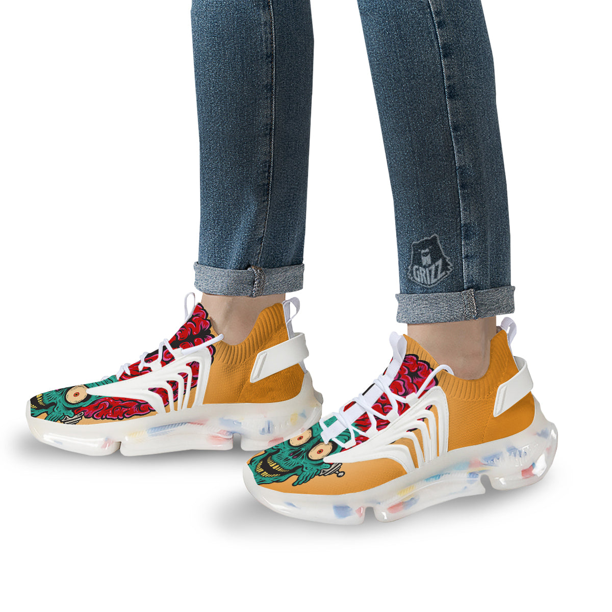 Zombie Big Brain Print White Gym Shoes-grizzshop