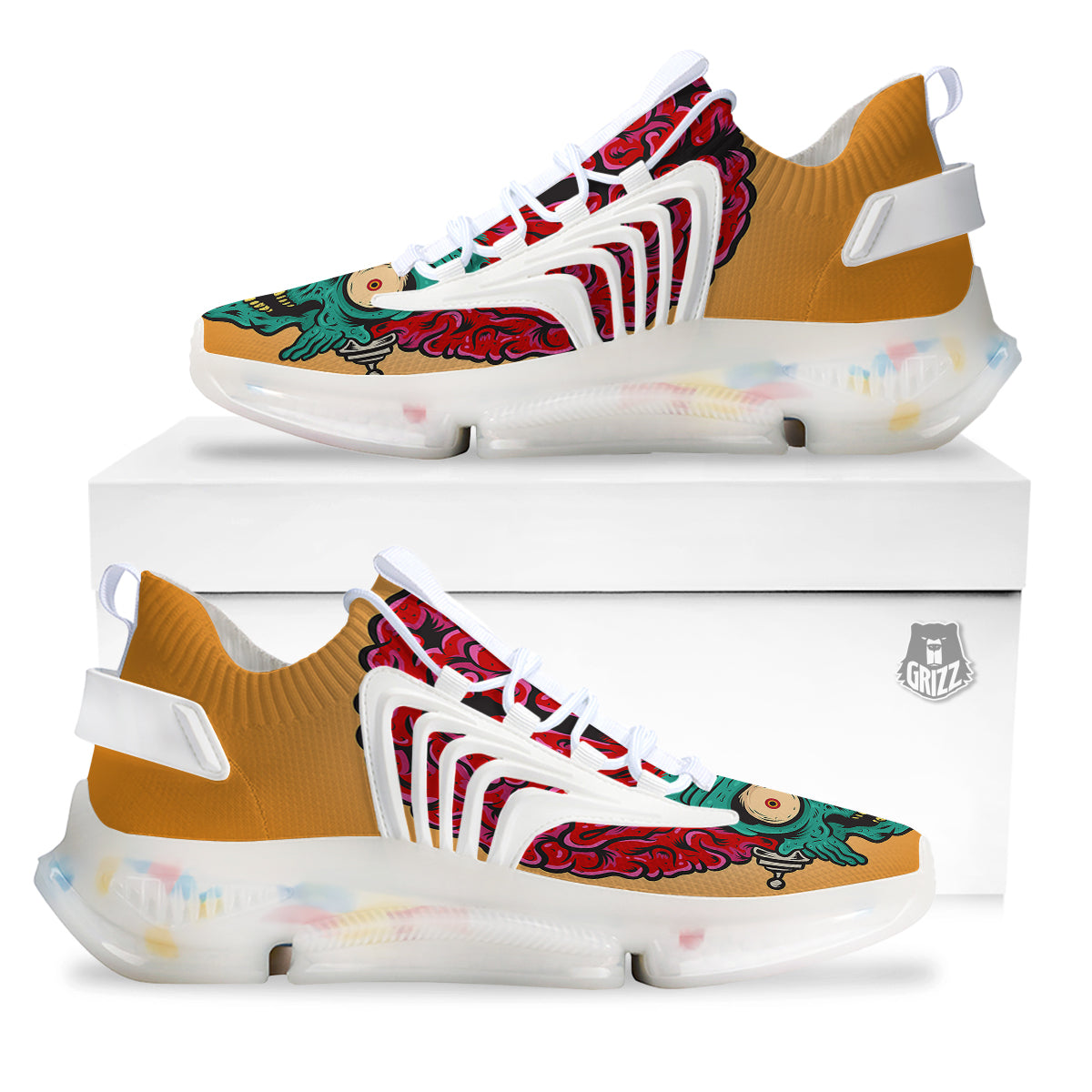 Zombie Big Brain Print White Gym Shoes-grizzshop