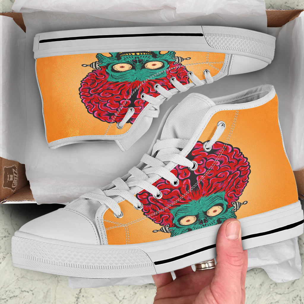 Zombie Big Brain Print White High Top Shoes-grizzshop