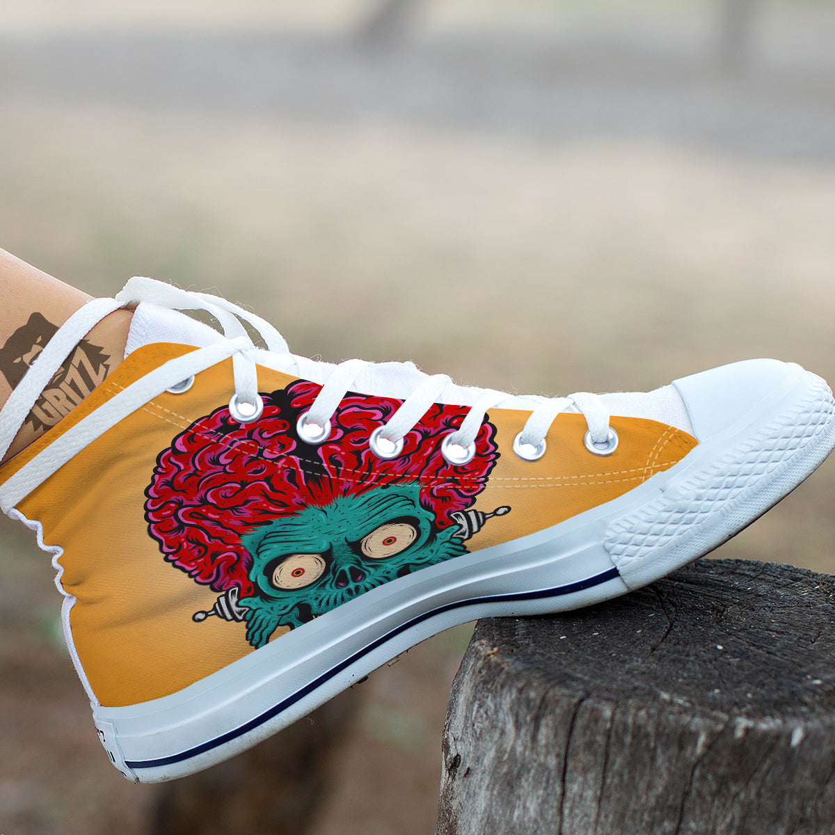 Zombie Big Brain Print White High Top Shoes-grizzshop
