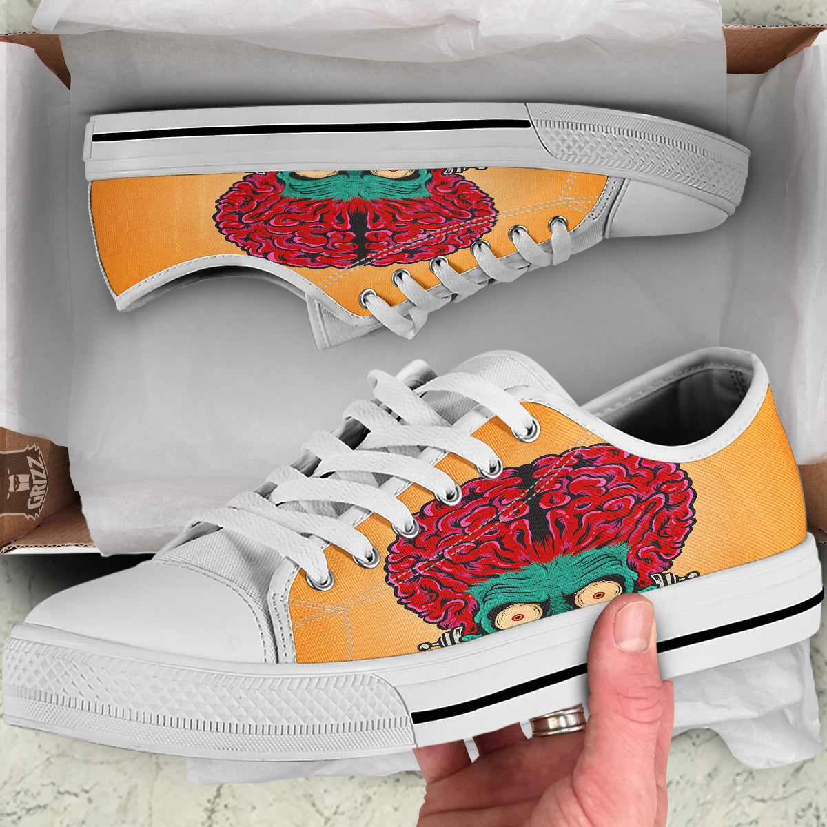 Zombie Big Brain Print White Low Top Shoes-grizzshop