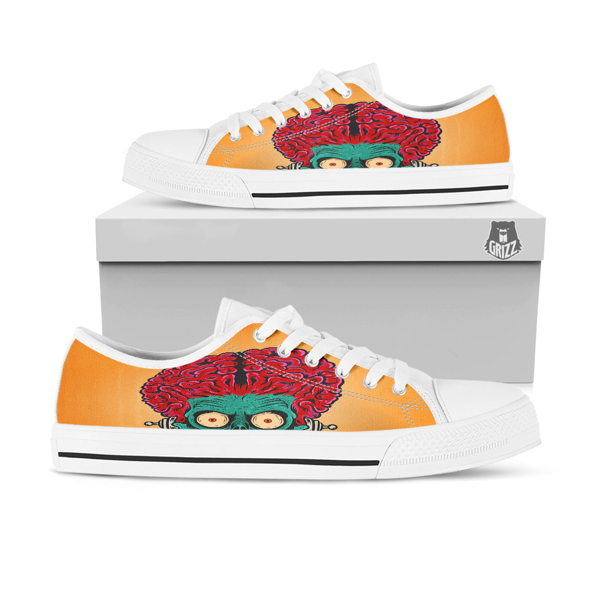 Zombie Big Brain Print White Low Top Shoes-grizzshop