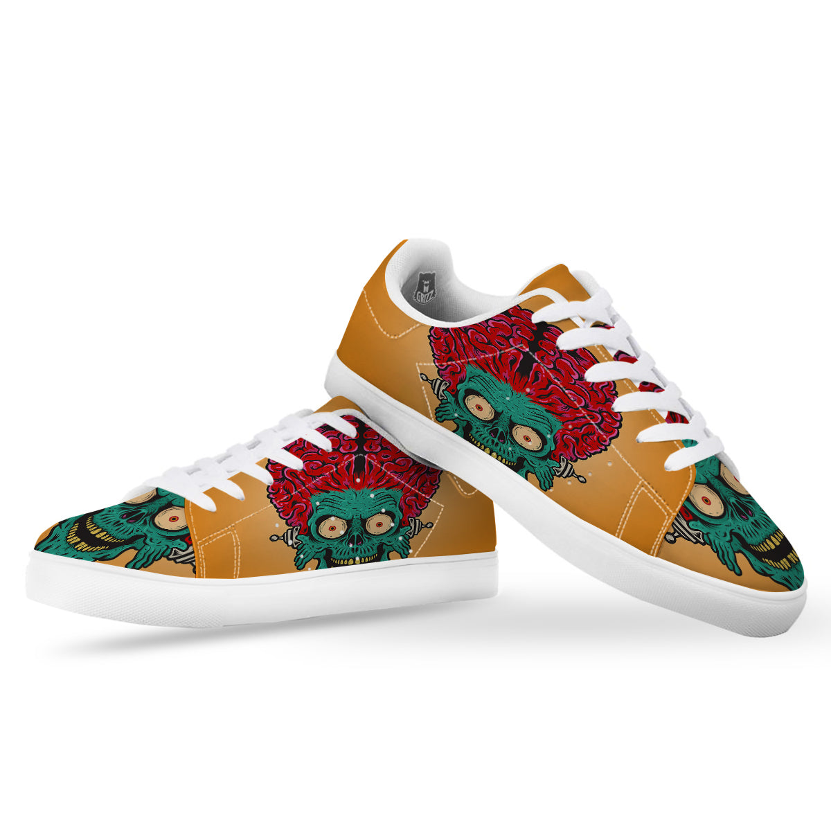 Zombie Big Brain Print White Low Top Sneakers-grizzshop
