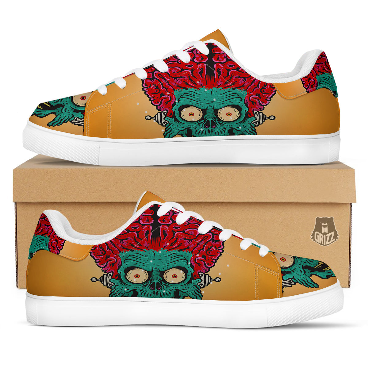 Zombie Big Brain Print White Low Top Sneakers-grizzshop