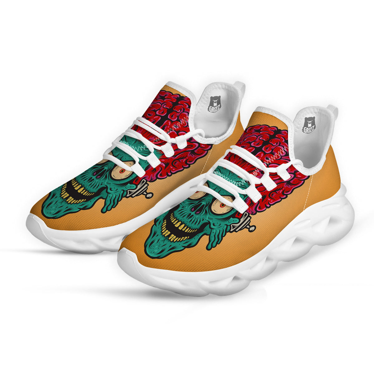 Zombie Big Brain Print White Running Shoes-grizzshop