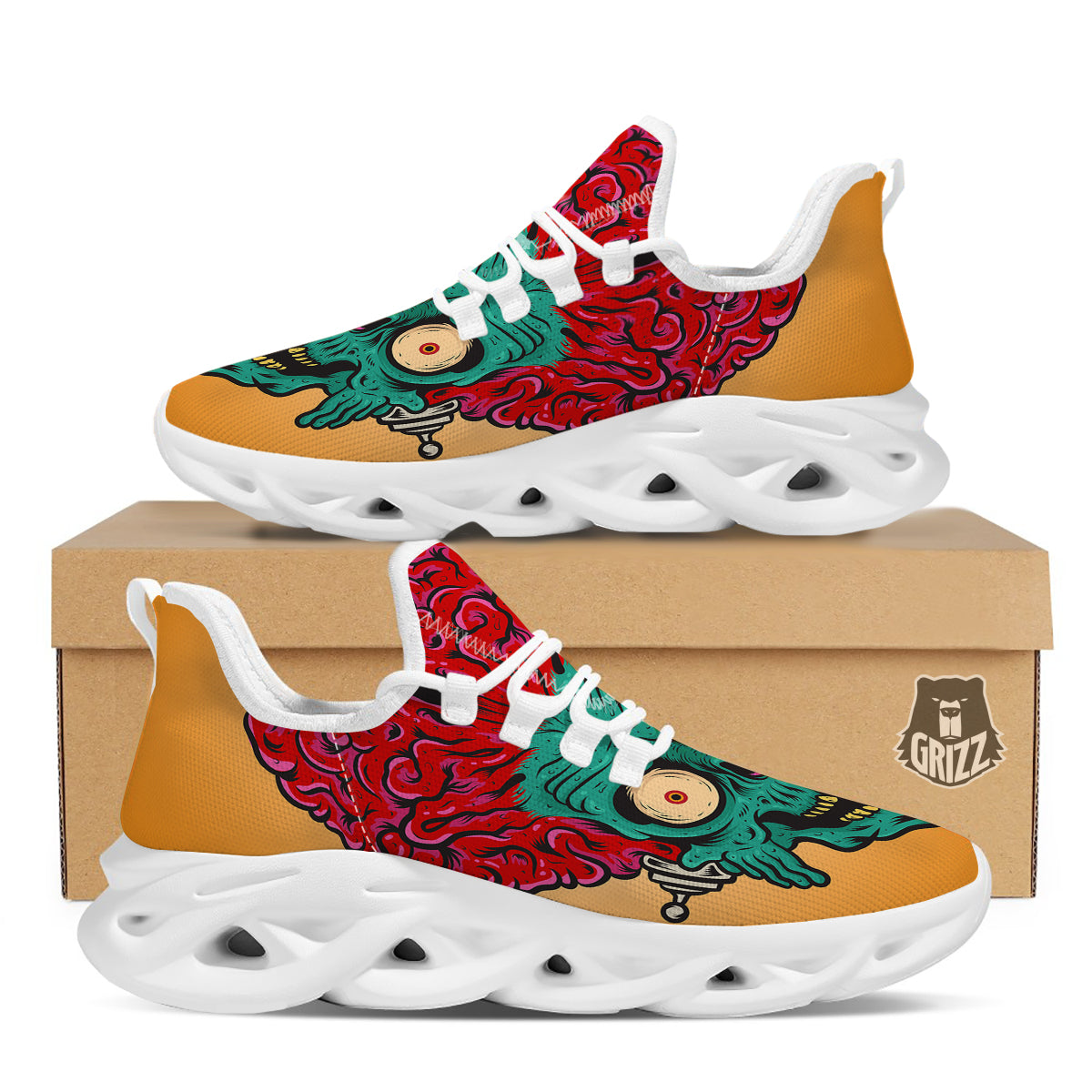 Zombie Big Brain Print White Running Shoes-grizzshop