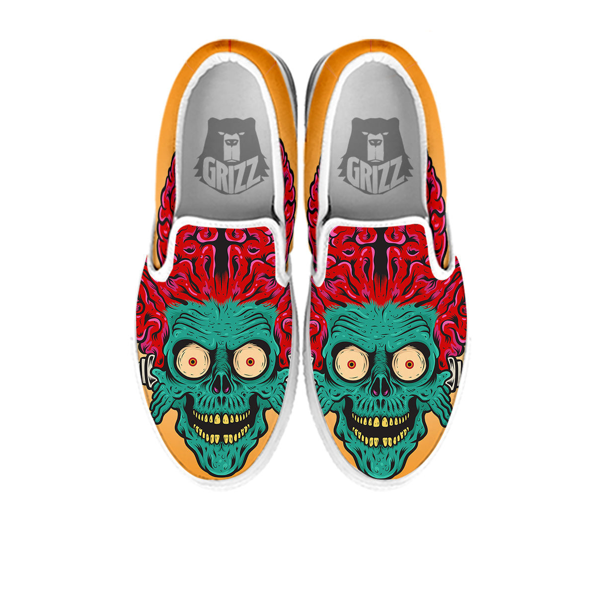 Zombie Big Brain Print White Slip On Shoes-grizzshop