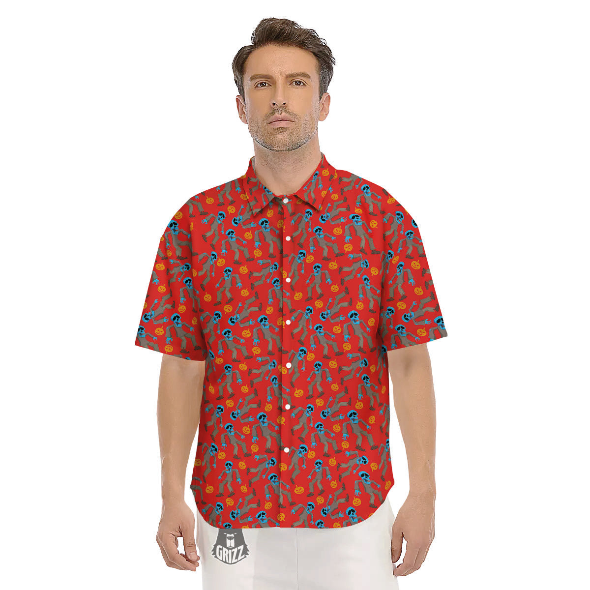 Zombie Blue Print Pattern Men's Short Sleeve Shirts-grizzshop