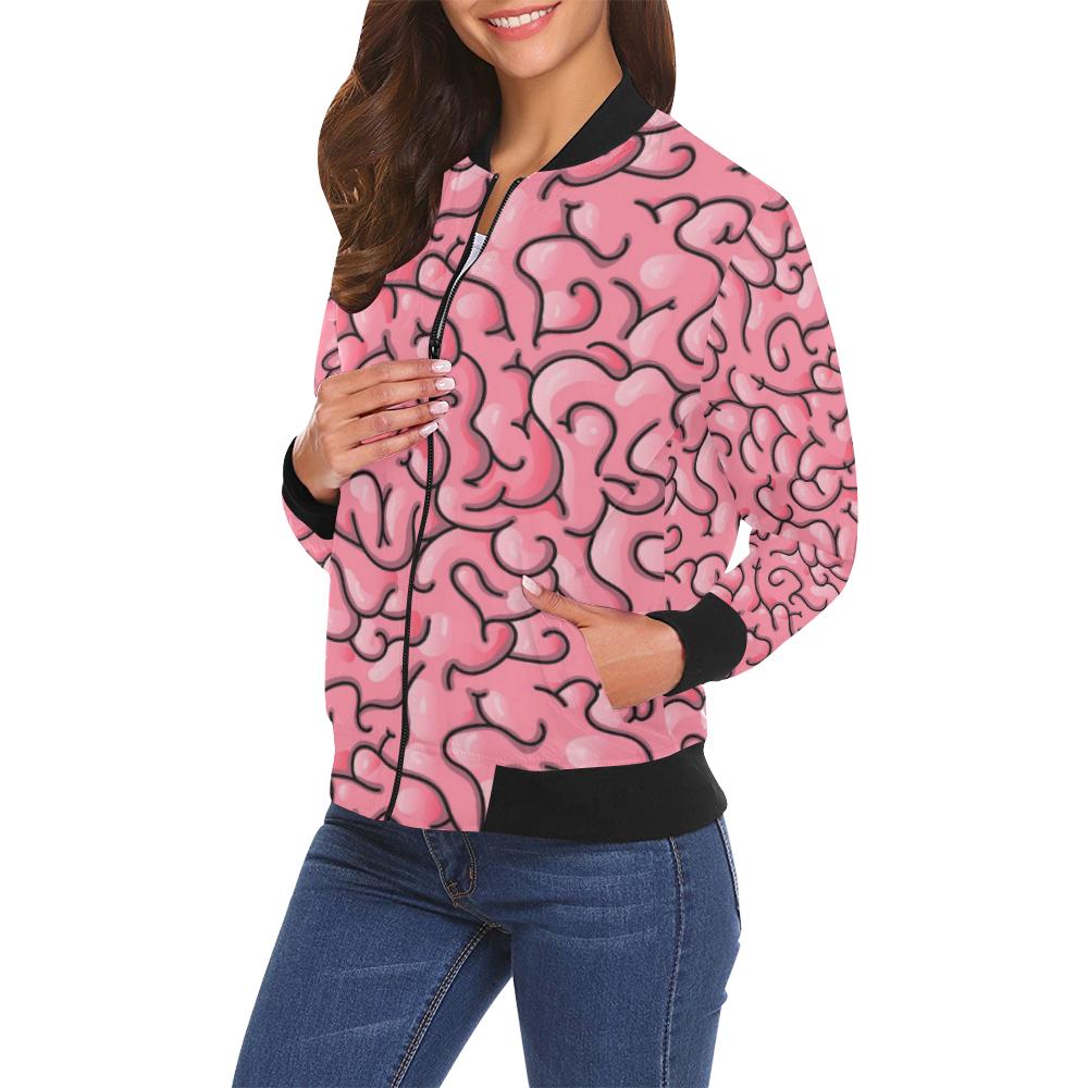 Zombie Brain Halloween Pattern Print Women Casual Bomber Jacket-grizzshop