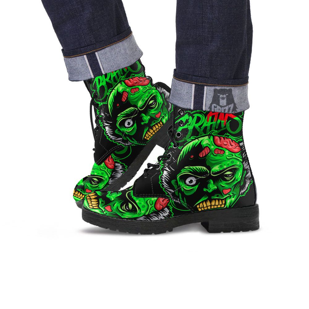Zombie Brain Halloween Print Leather Boots-grizzshop