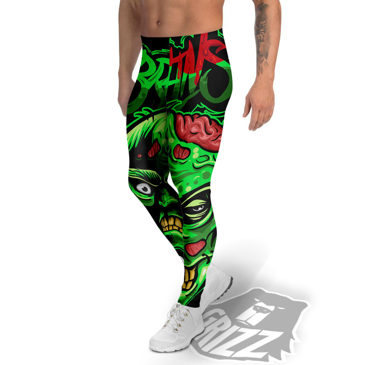 Zombie Brain Halloween Print Men's Leggings-grizzshop