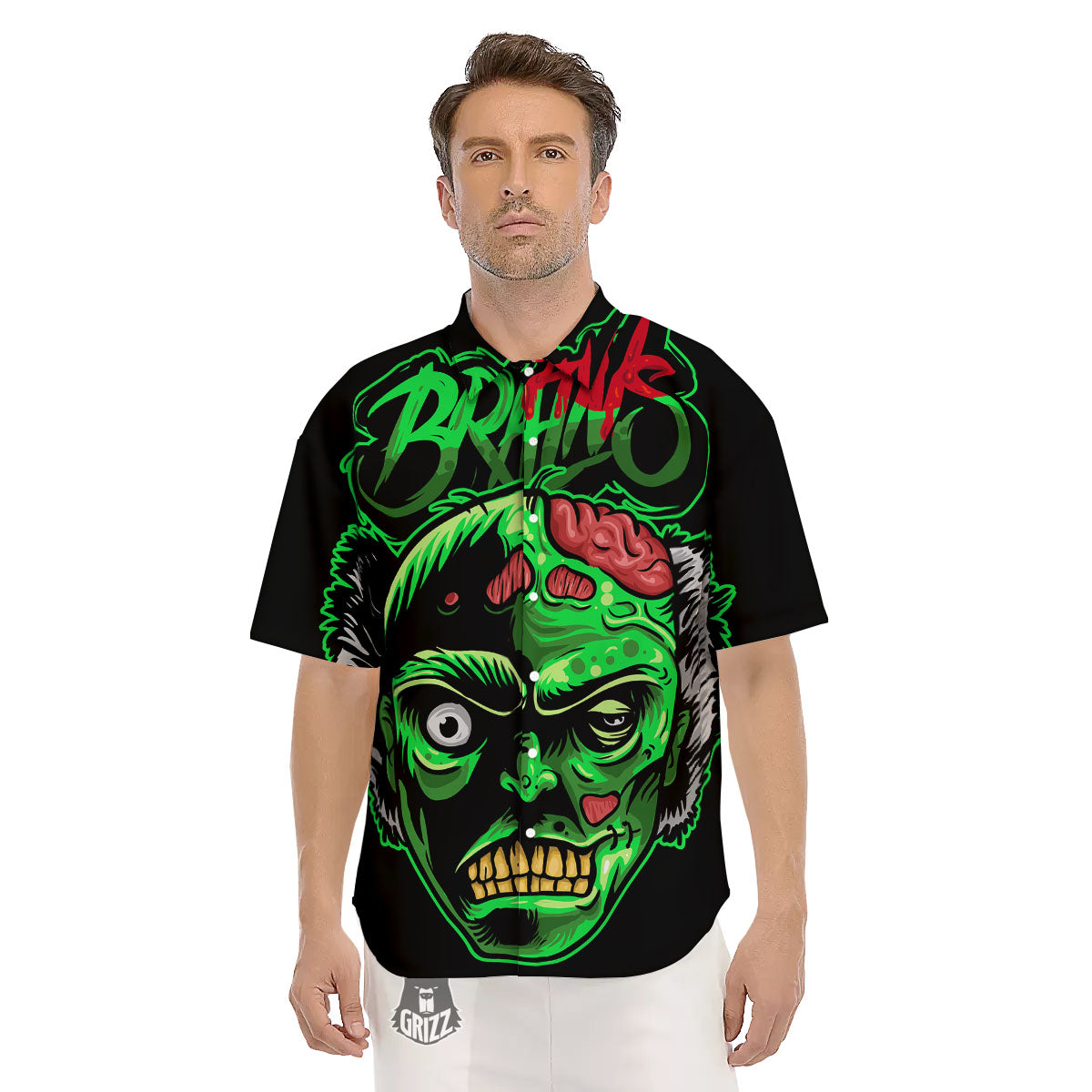 Zombie Brain Halloween Print Men's Short Sleeve Shirts-grizzshop