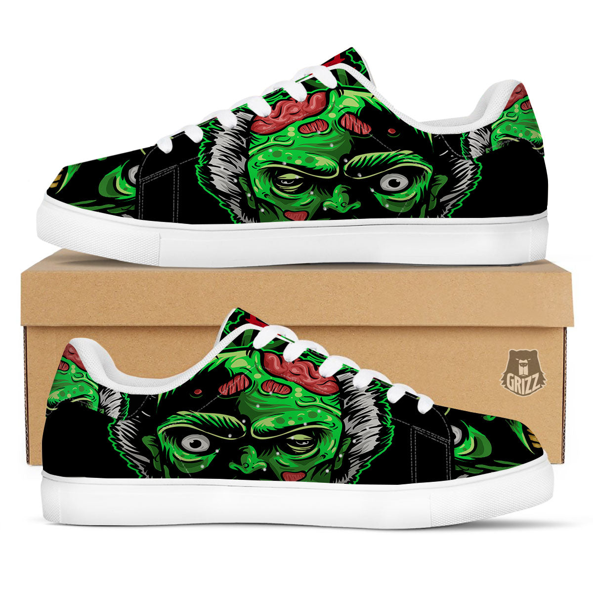 Zombie Brain Halloween Print White Low Top Sneakers-grizzshop