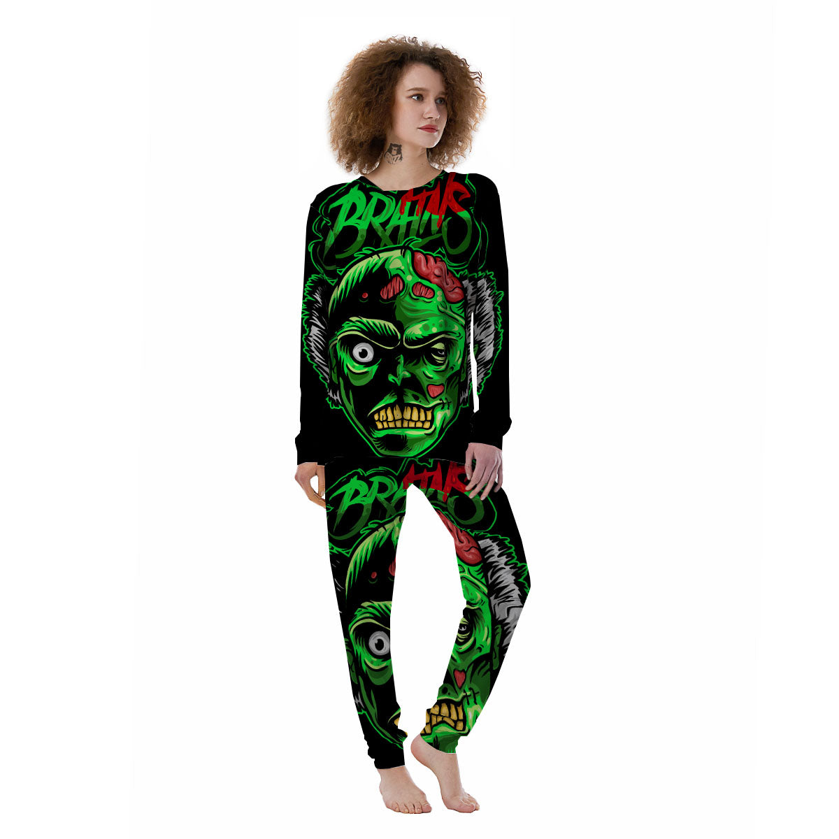 Zombie Brain Halloween Print Women's Pajamas-grizzshop