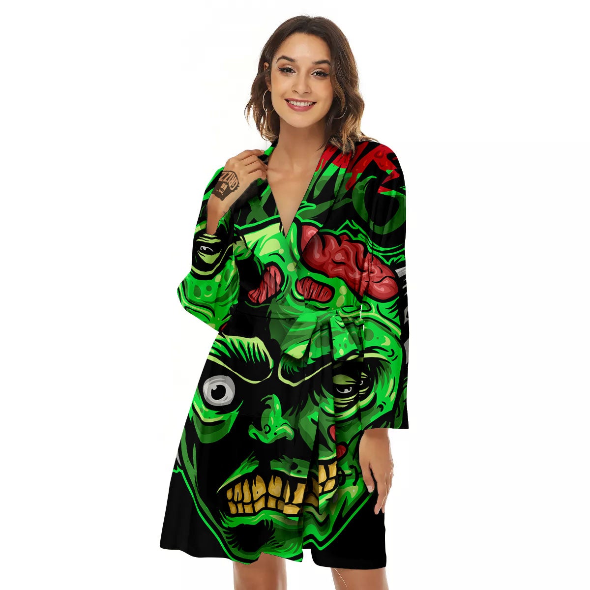 Zombie Brain Halloween Print Women's Robe-grizzshop