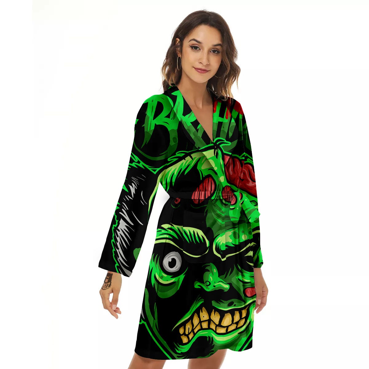 Zombie Brain Halloween Print Women's Robe-grizzshop