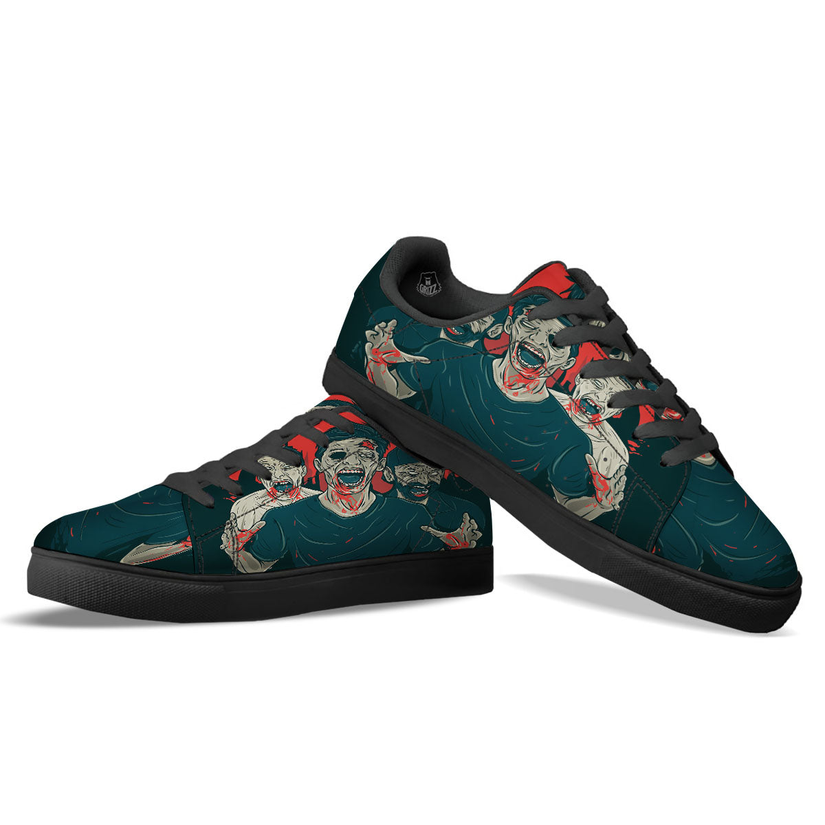 Zombie Crowd Halloween Print Black Low Top Sneakers-grizzshop