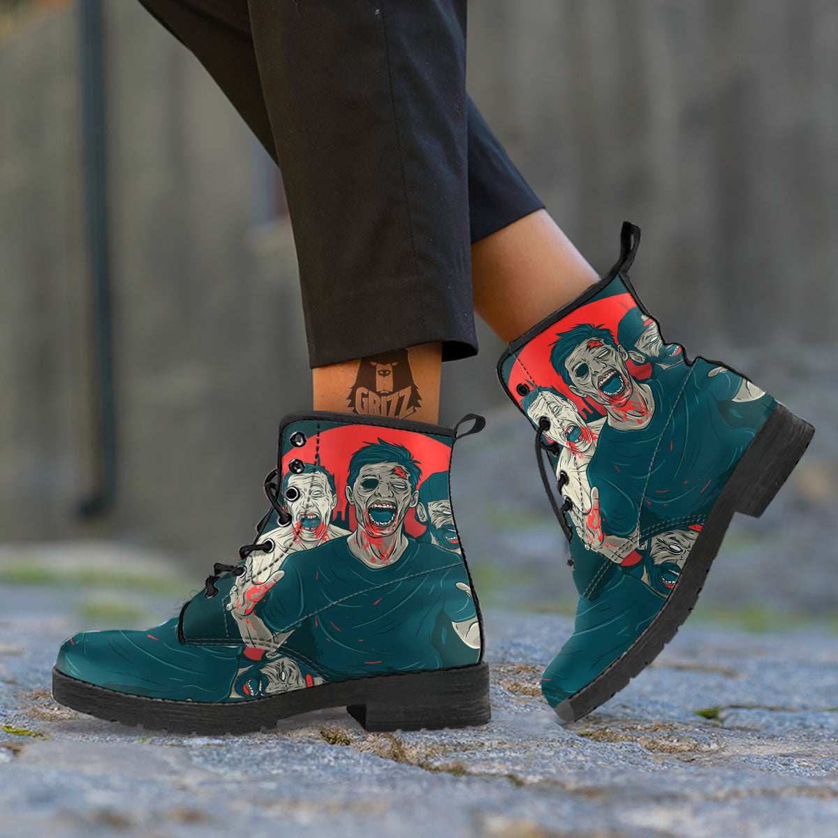 Zombie Crowd Halloween Print Leather Boots-grizzshop