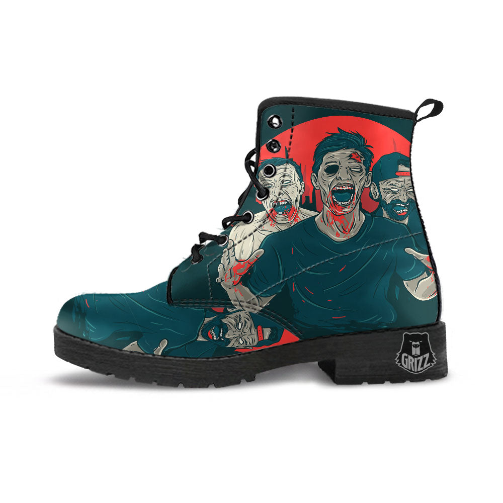 Zombie Crowd Halloween Print Leather Boots-grizzshop