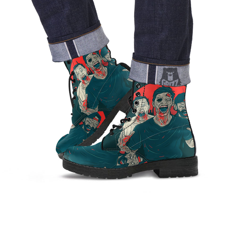 Zombie Crowd Halloween Print Leather Boots-grizzshop