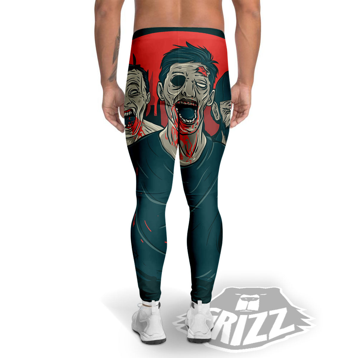 Zombie Crowd Halloween Print Men's Leggings-grizzshop