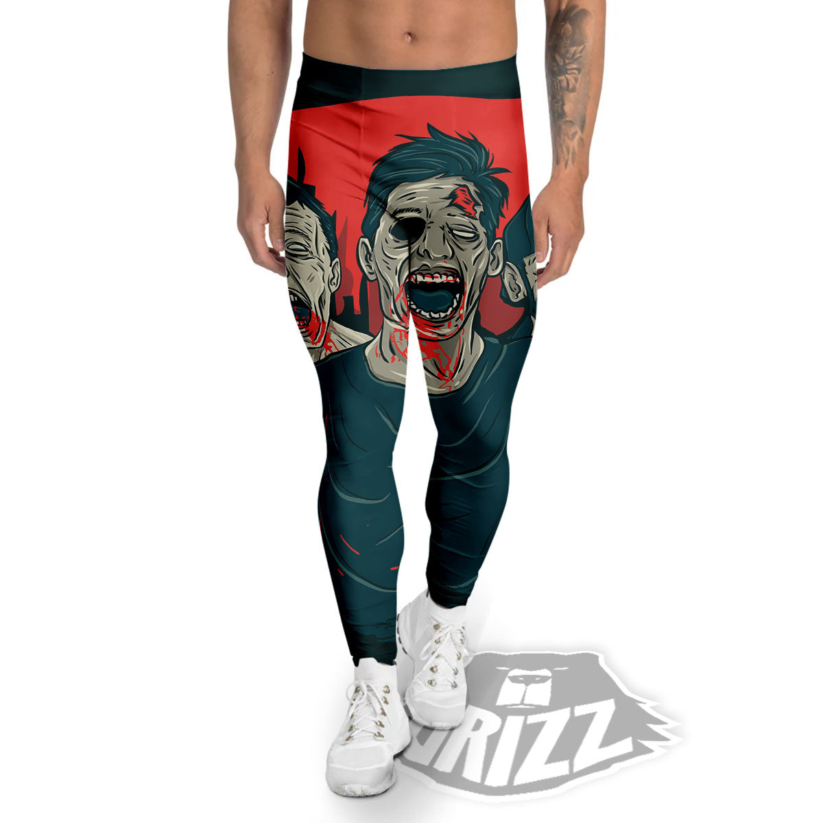 Zombie Crowd Halloween Print Men's Leggings-grizzshop