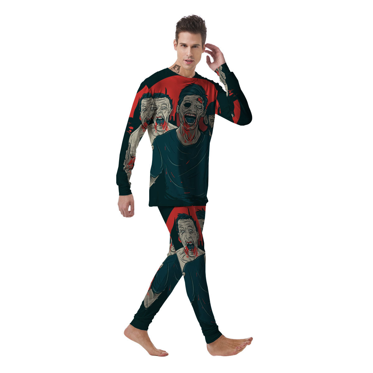 Zombie Crowd Halloween Print Men's Pajamas-grizzshop