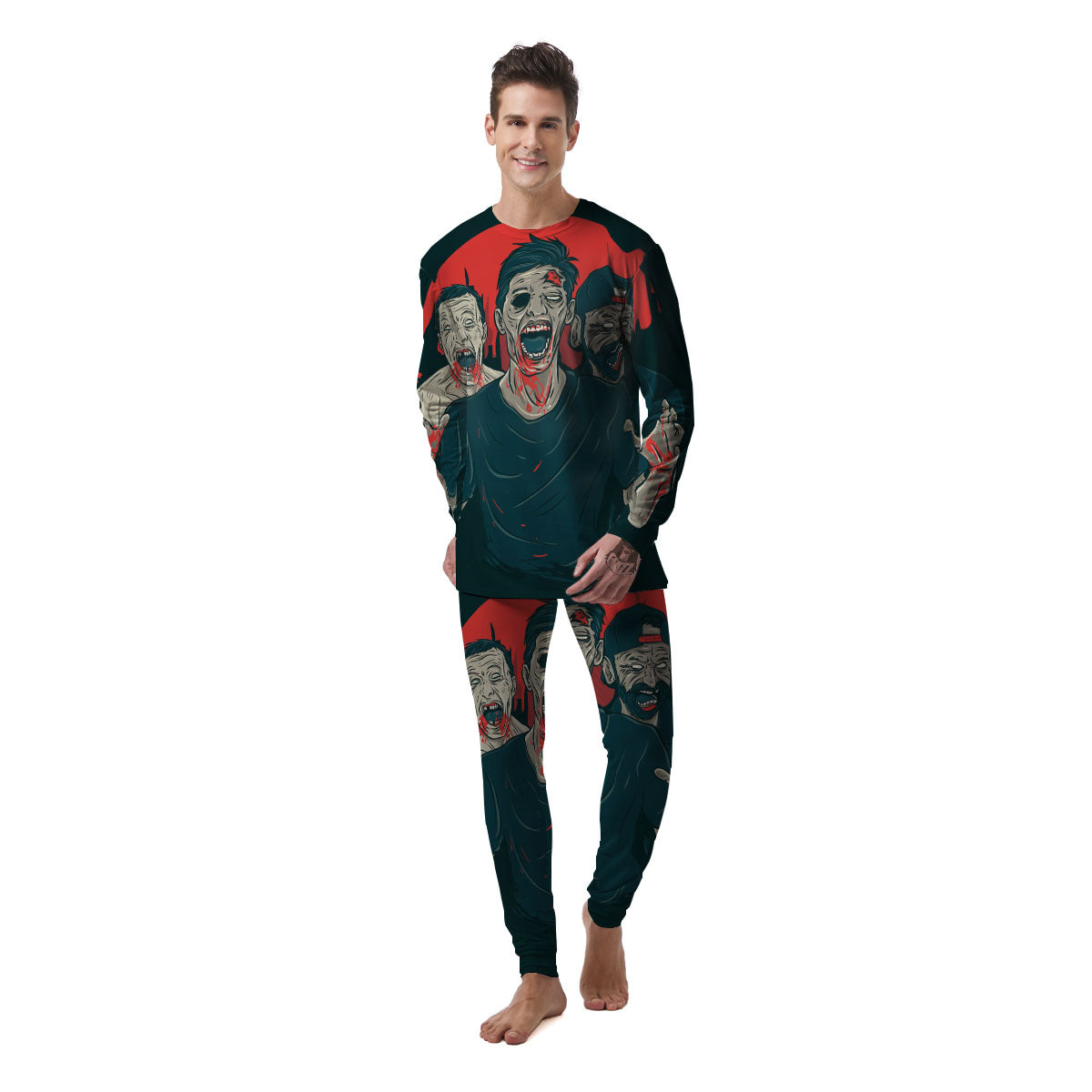 Zombie Crowd Halloween Print Men's Pajamas-grizzshop