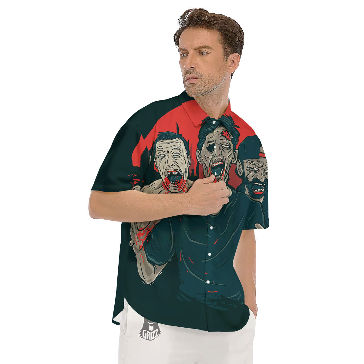 Zombie Crowd Halloween Print Men's Short Sleeve Shirts-grizzshop