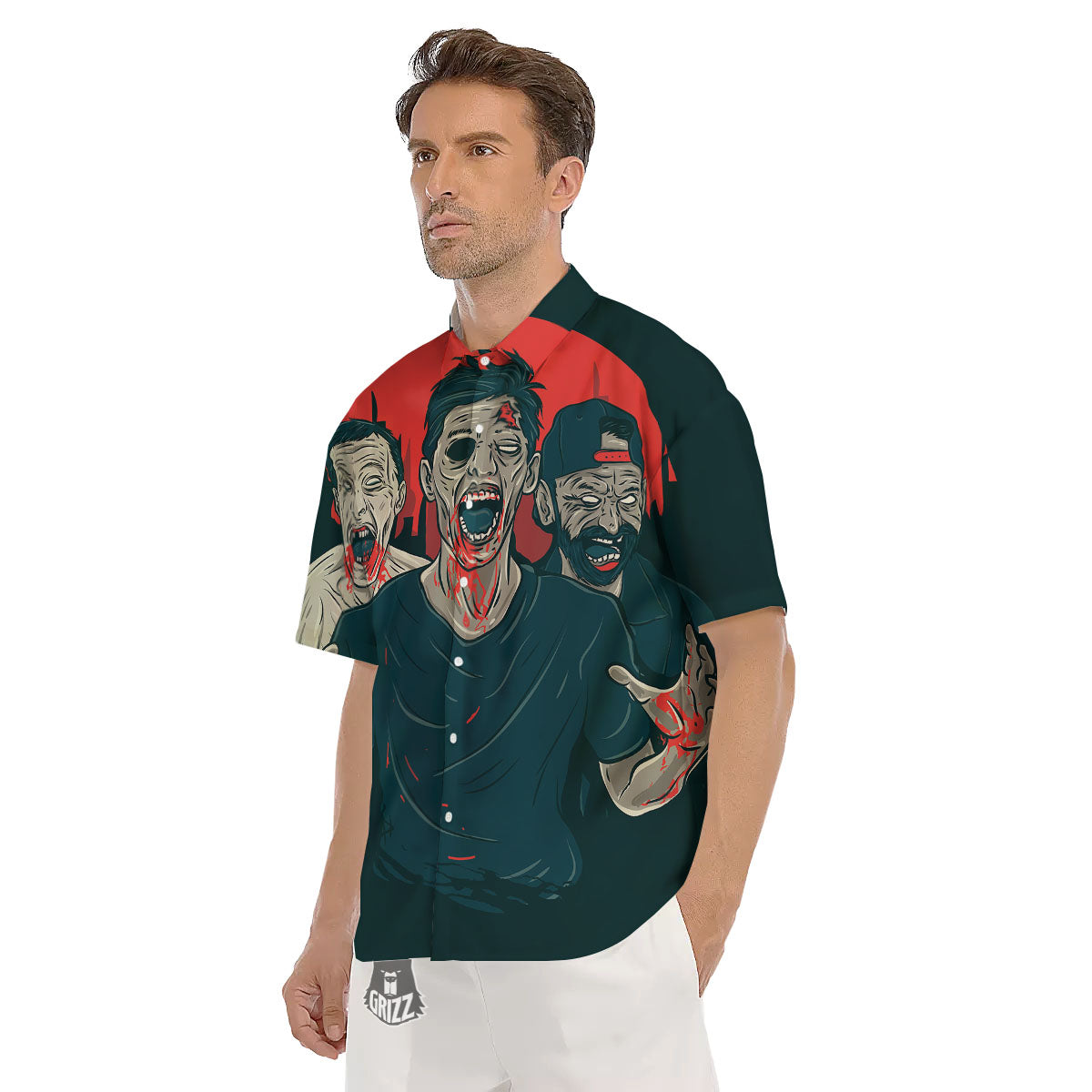 Zombie Crowd Halloween Print Men's Short Sleeve Shirts-grizzshop