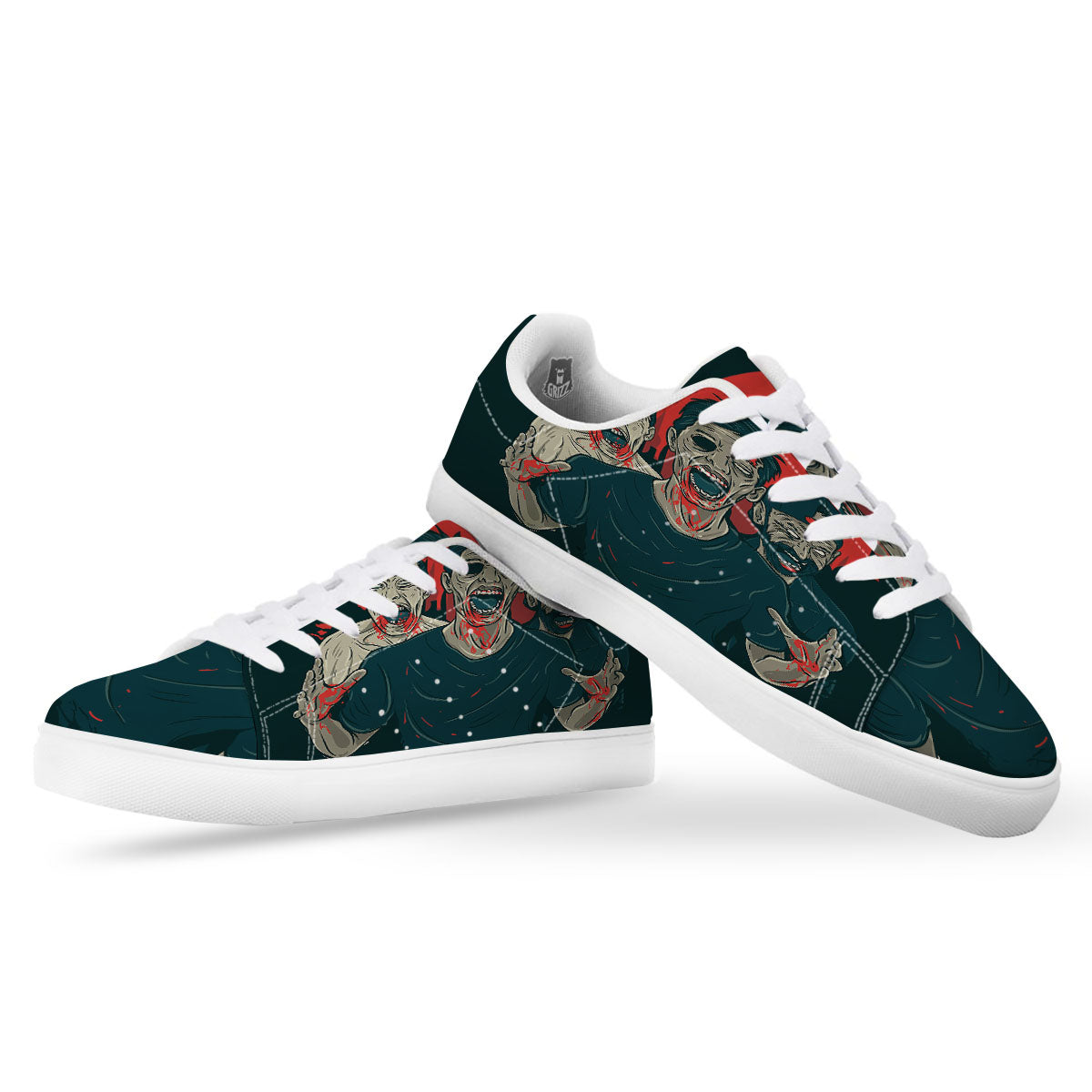 Zombie Crowd Halloween Print White Low Top Sneakers-grizzshop