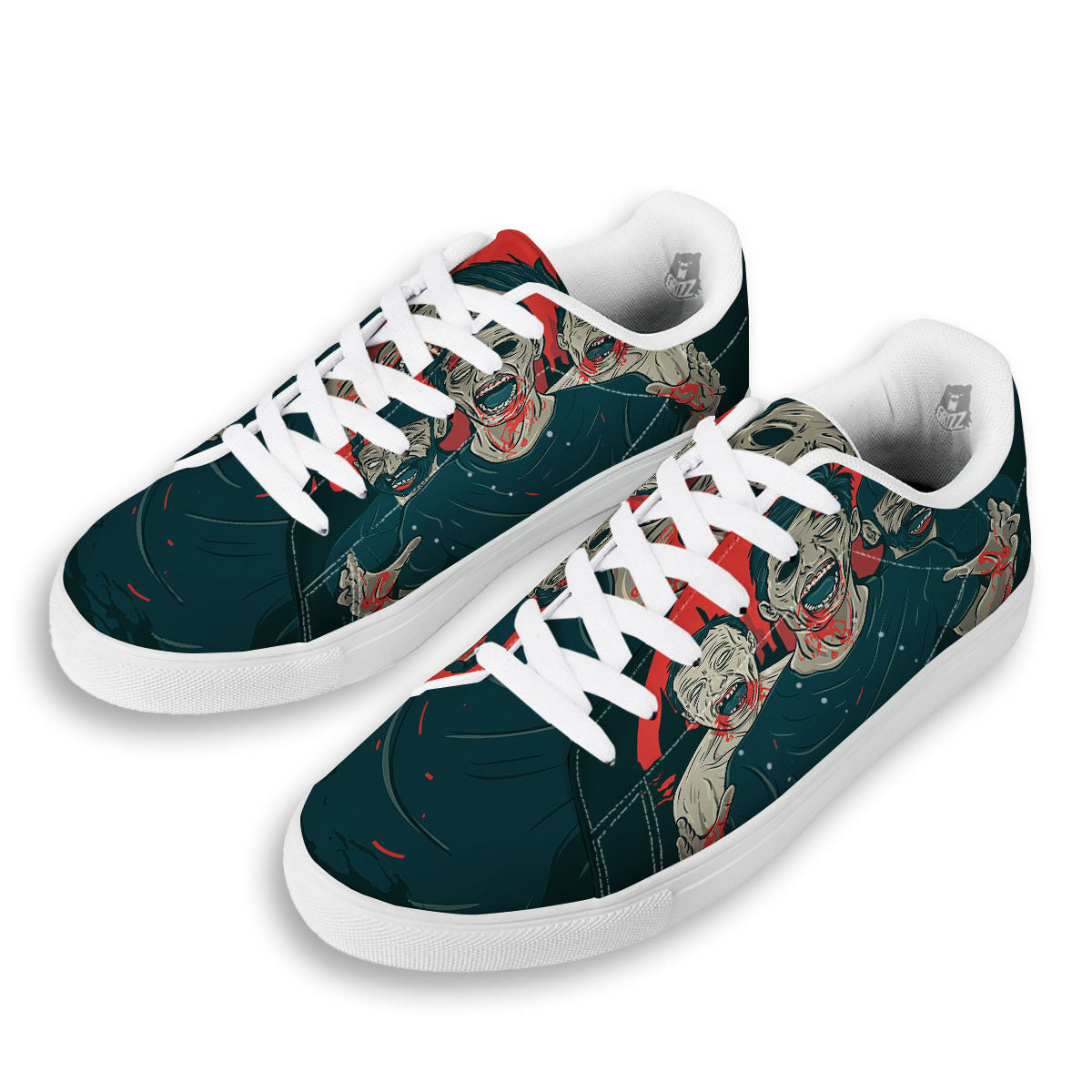 Zombie Crowd Halloween Print White Low Top Sneakers-grizzshop