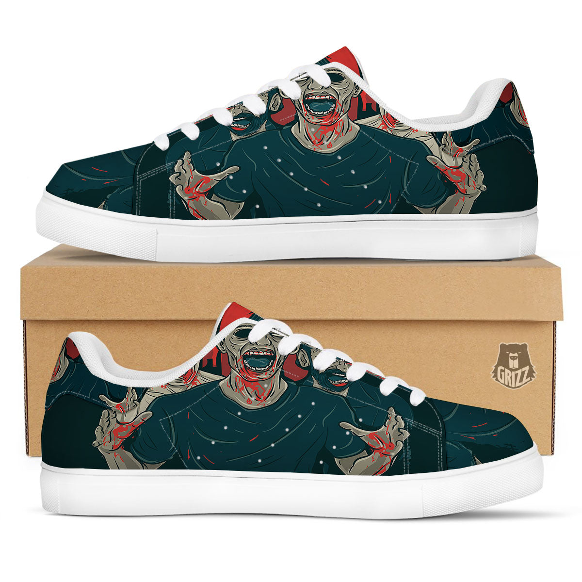 Zombie Crowd Halloween Print White Low Top Sneakers-grizzshop