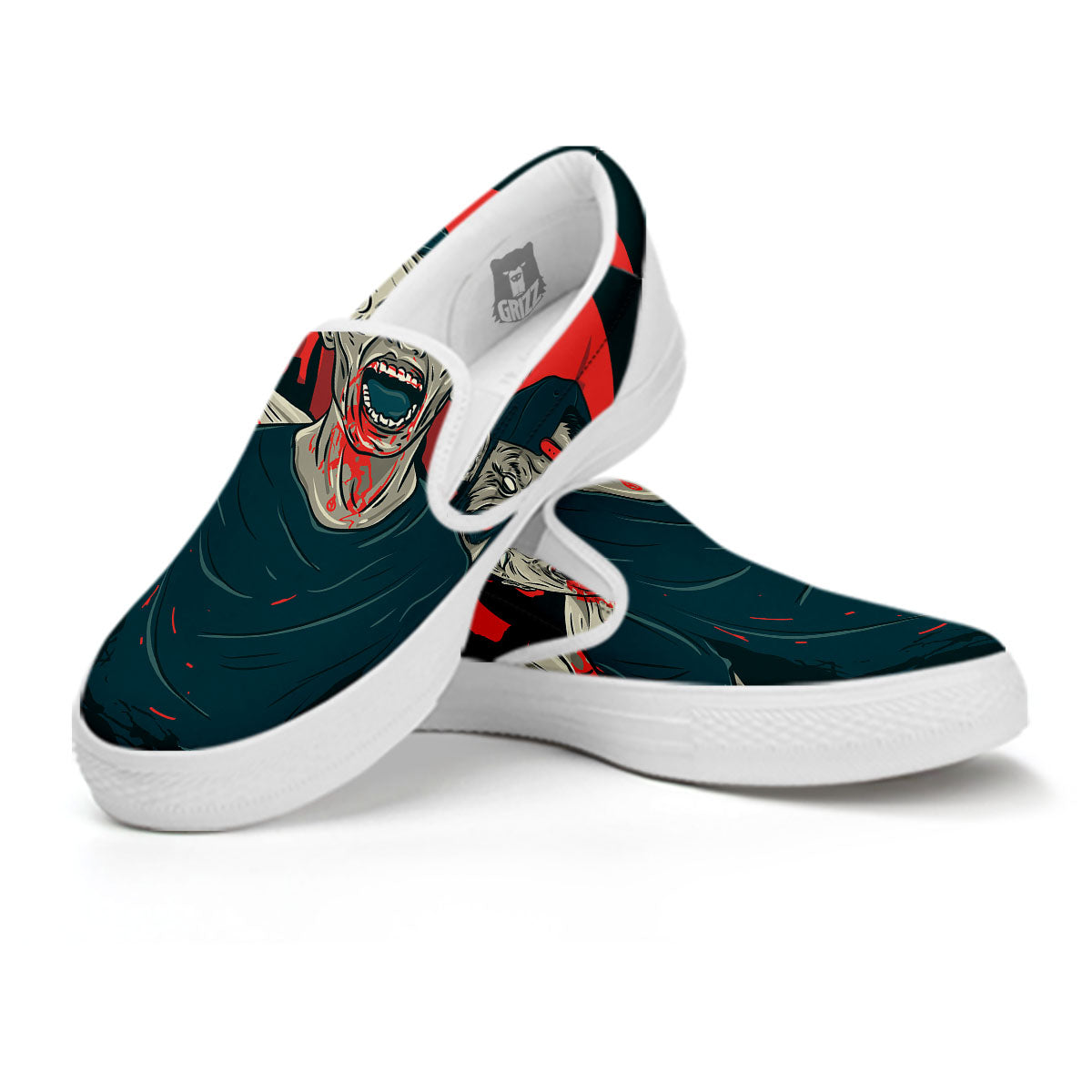 Zombie Crowd Halloween Print White Slip On Shoes-grizzshop