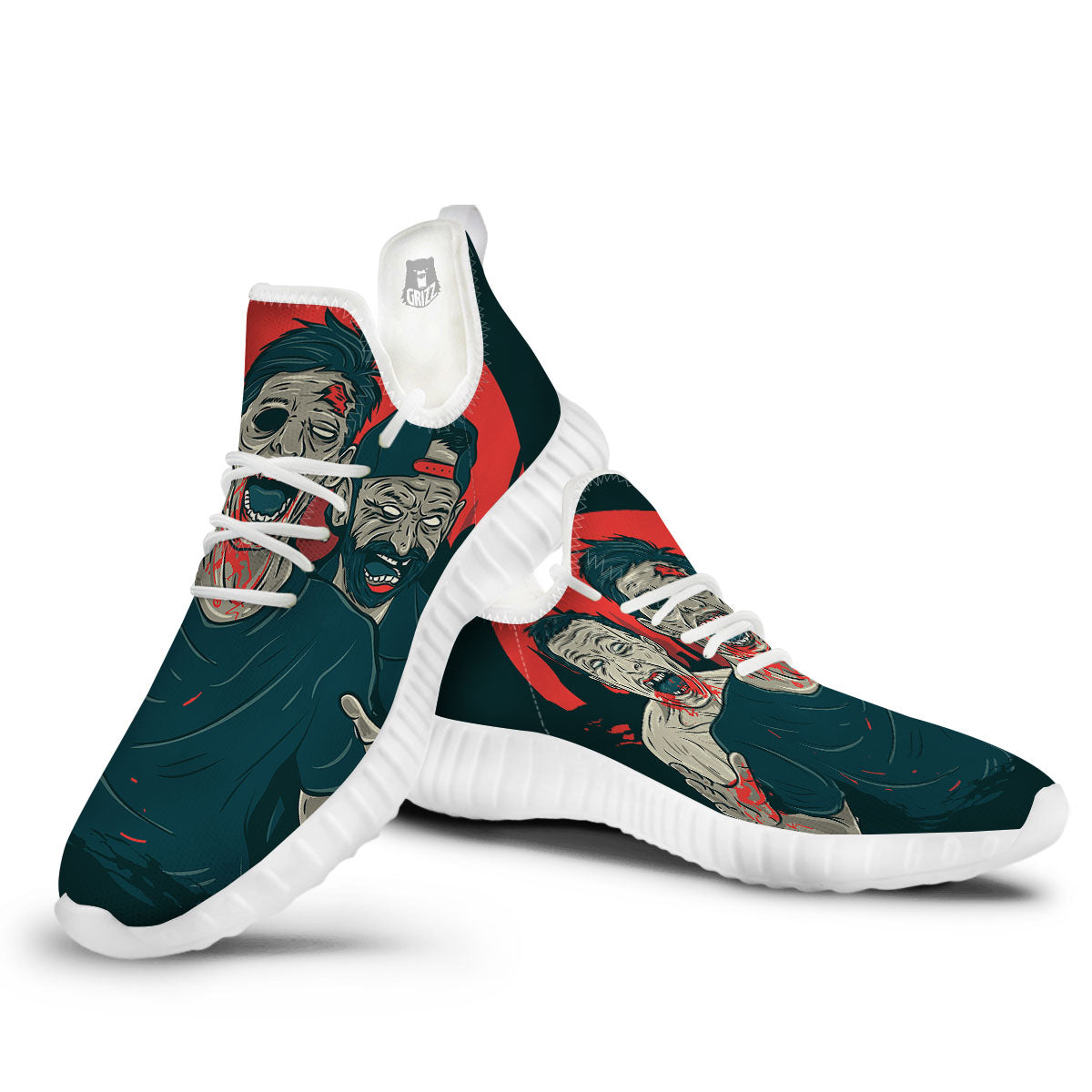 Zombie Crowd Halloween Print White Walking Shoes-grizzshop