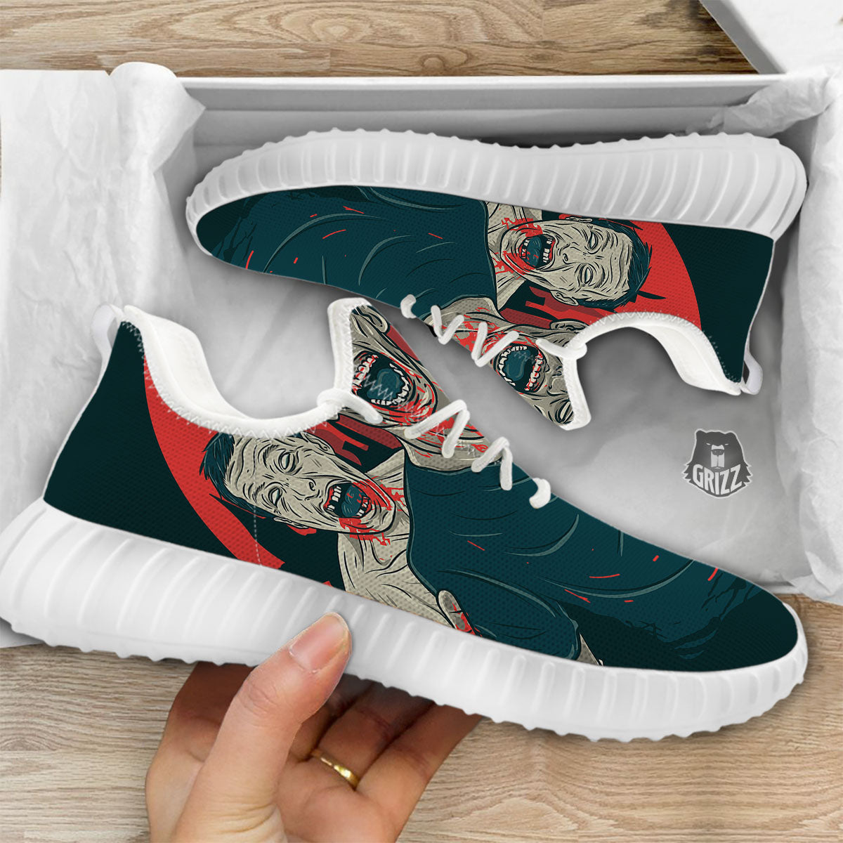 Zombie Crowd Halloween Print White Walking Shoes-grizzshop