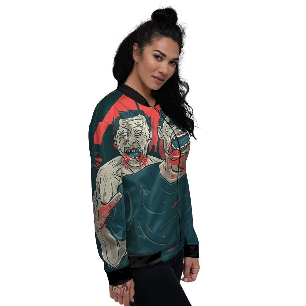 Zombie Crowd Halloween Print Women's Bomber Jacket-grizzshop