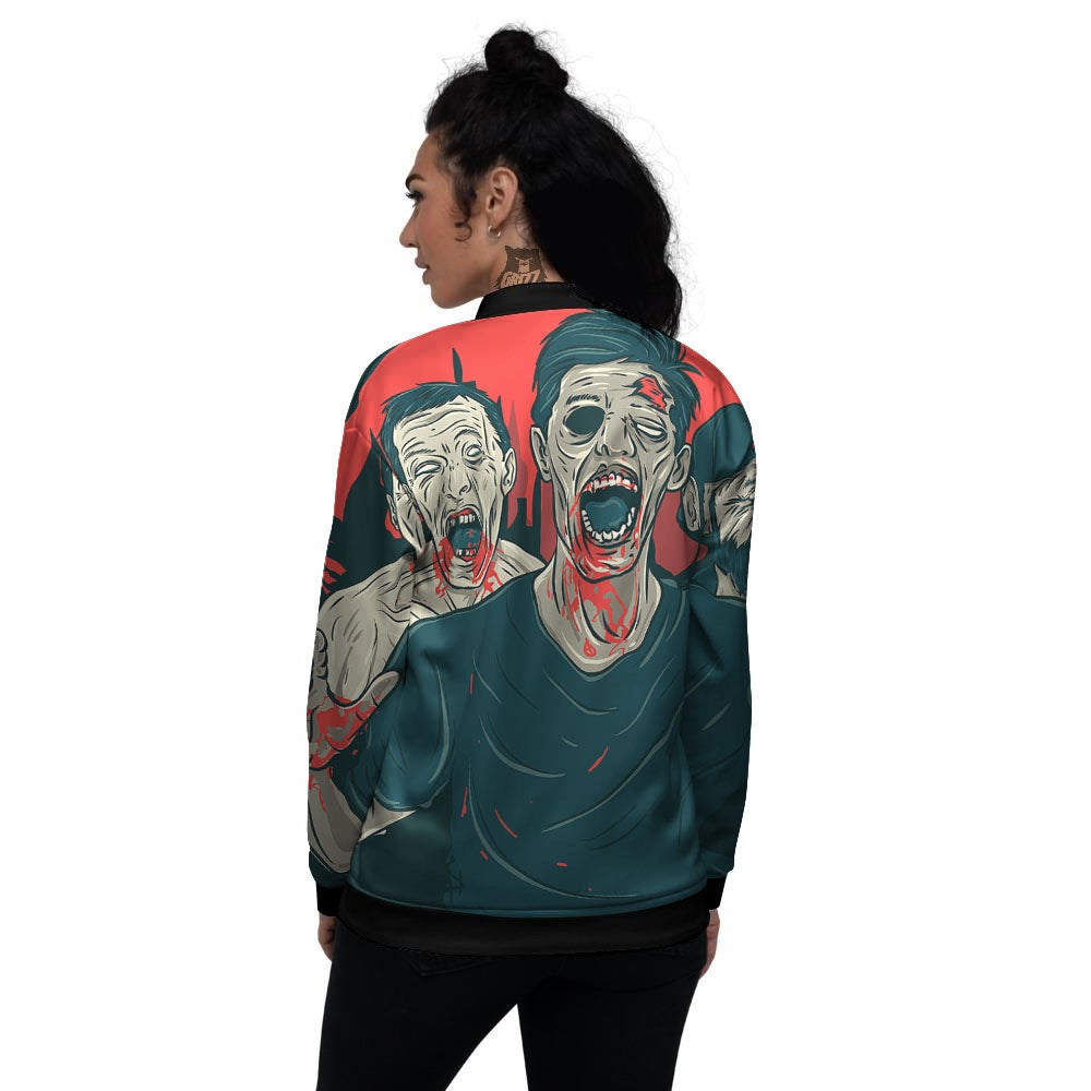 Zombie Crowd Halloween Print Women's Bomber Jacket-grizzshop