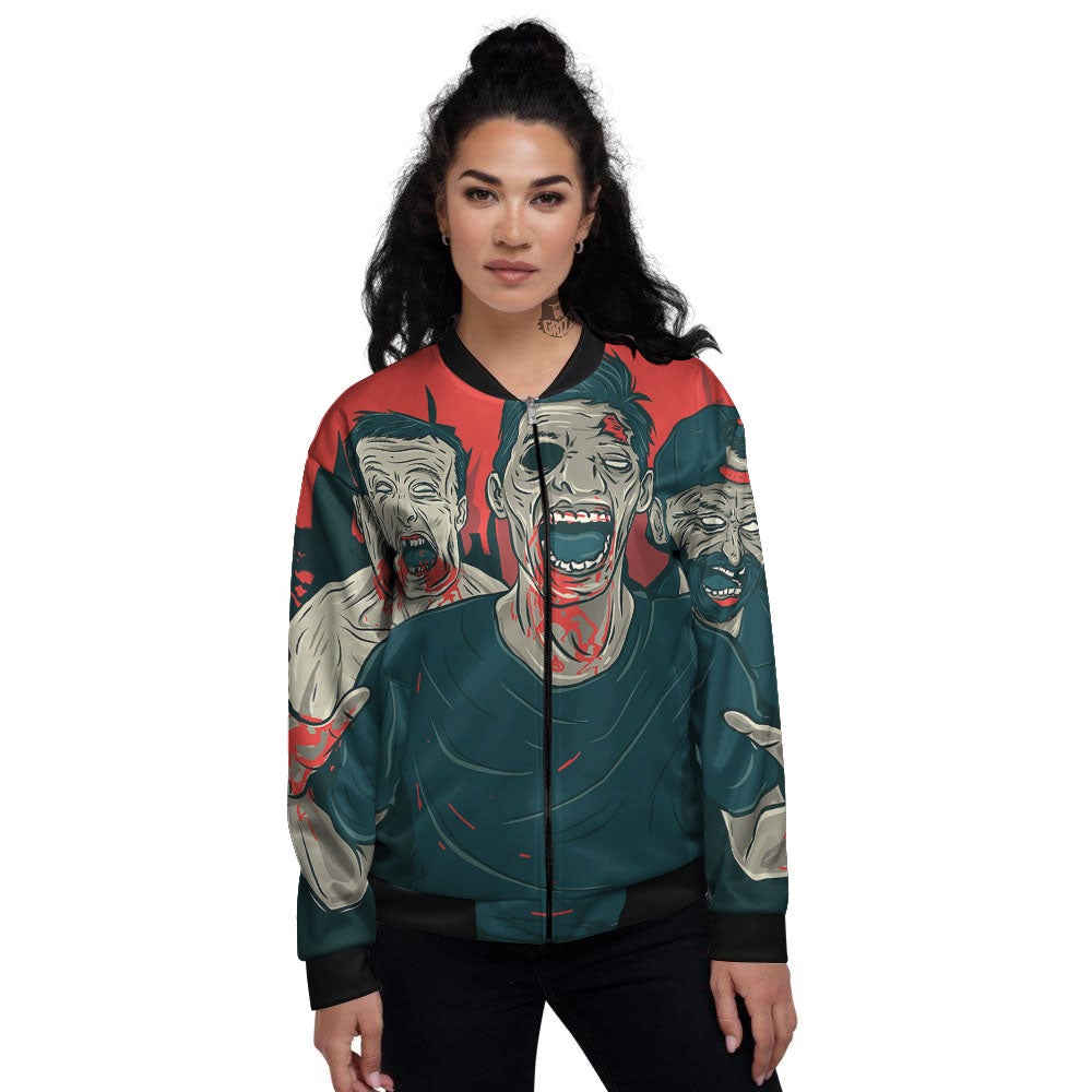 Zombie Crowd Halloween Print Women's Bomber Jacket-grizzshop