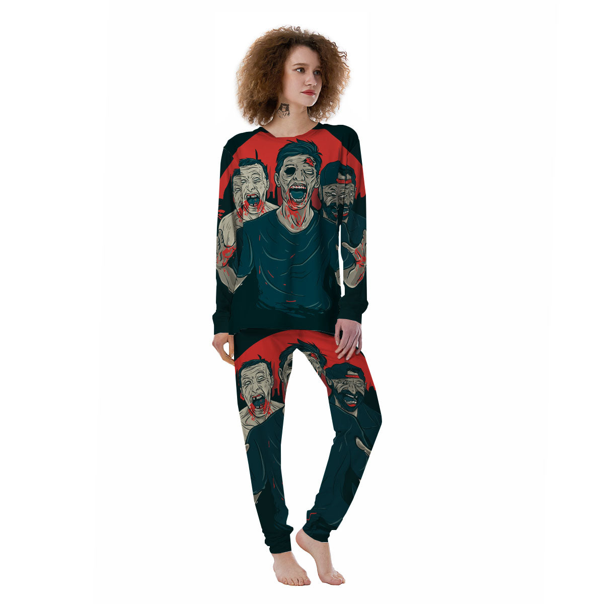 Zombie Crowd Halloween Print Women's Pajamas-grizzshop
