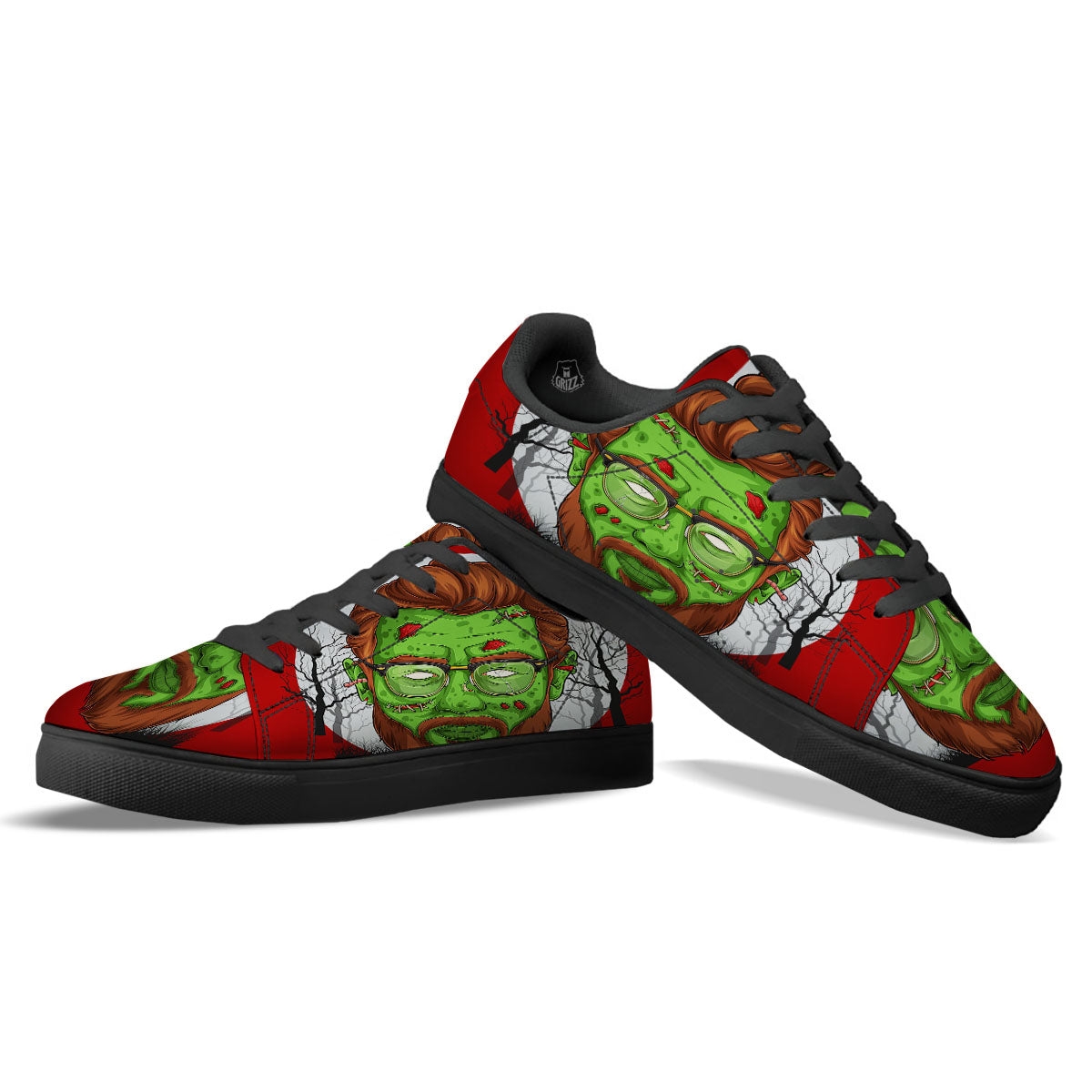 Zombie Face Halloween Character Print Black Low Top Sneakers-grizzshop