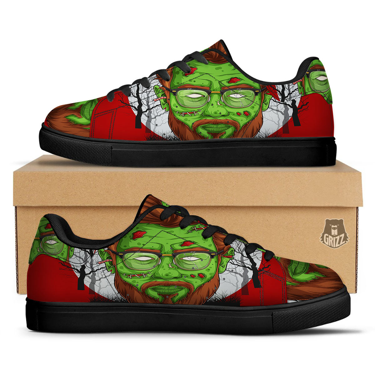 Zombie Face Halloween Character Print Black Low Top Sneakers-grizzshop