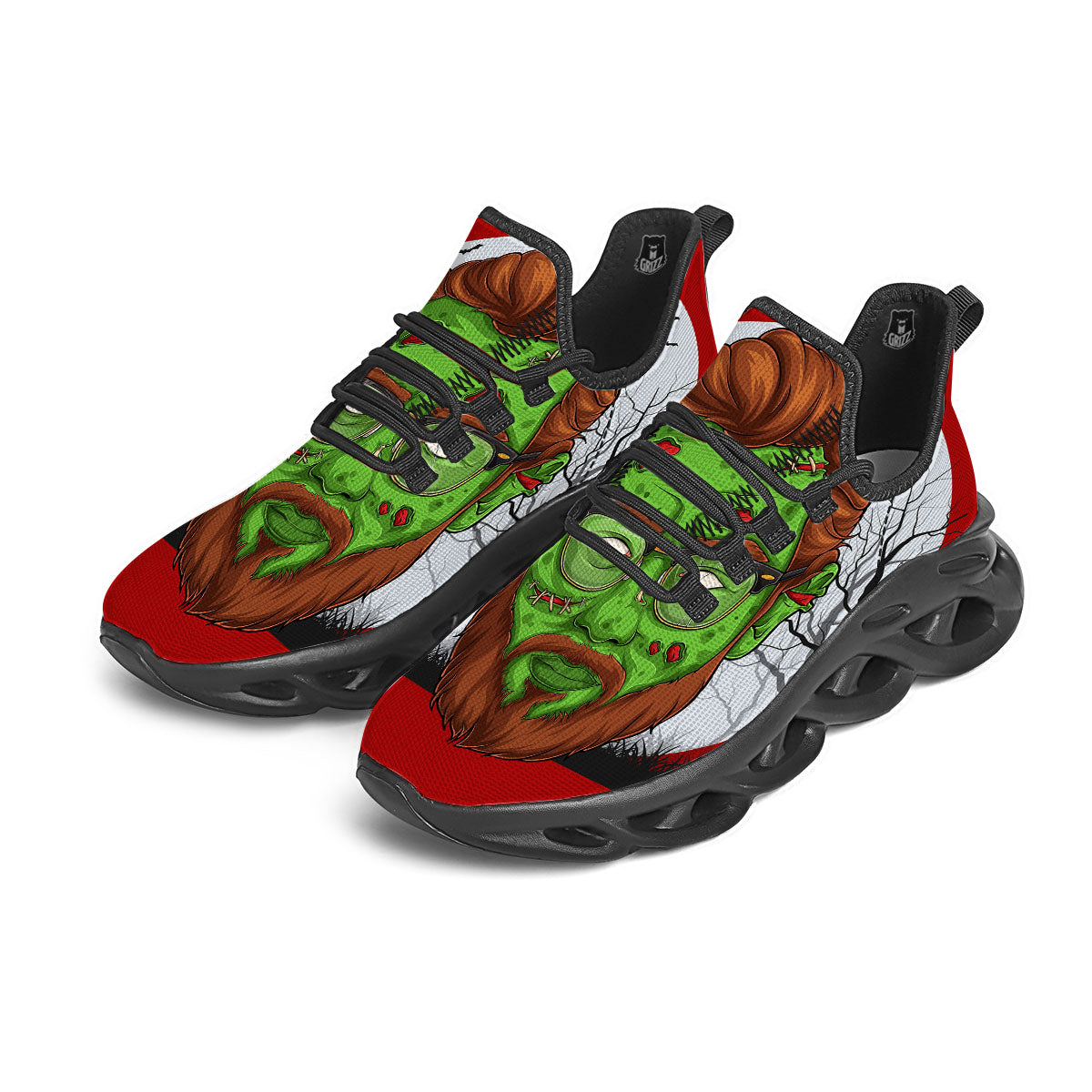 Zombie Face Halloween Character Print Black Running Shoes-grizzshop