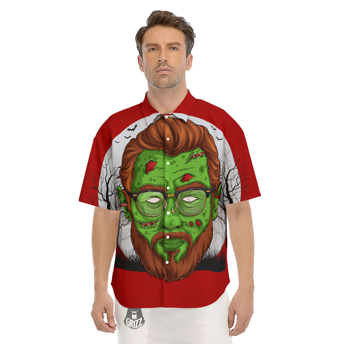 Zombie Face Halloween Character Print Men's Short Sleeve Shirts-grizzshop