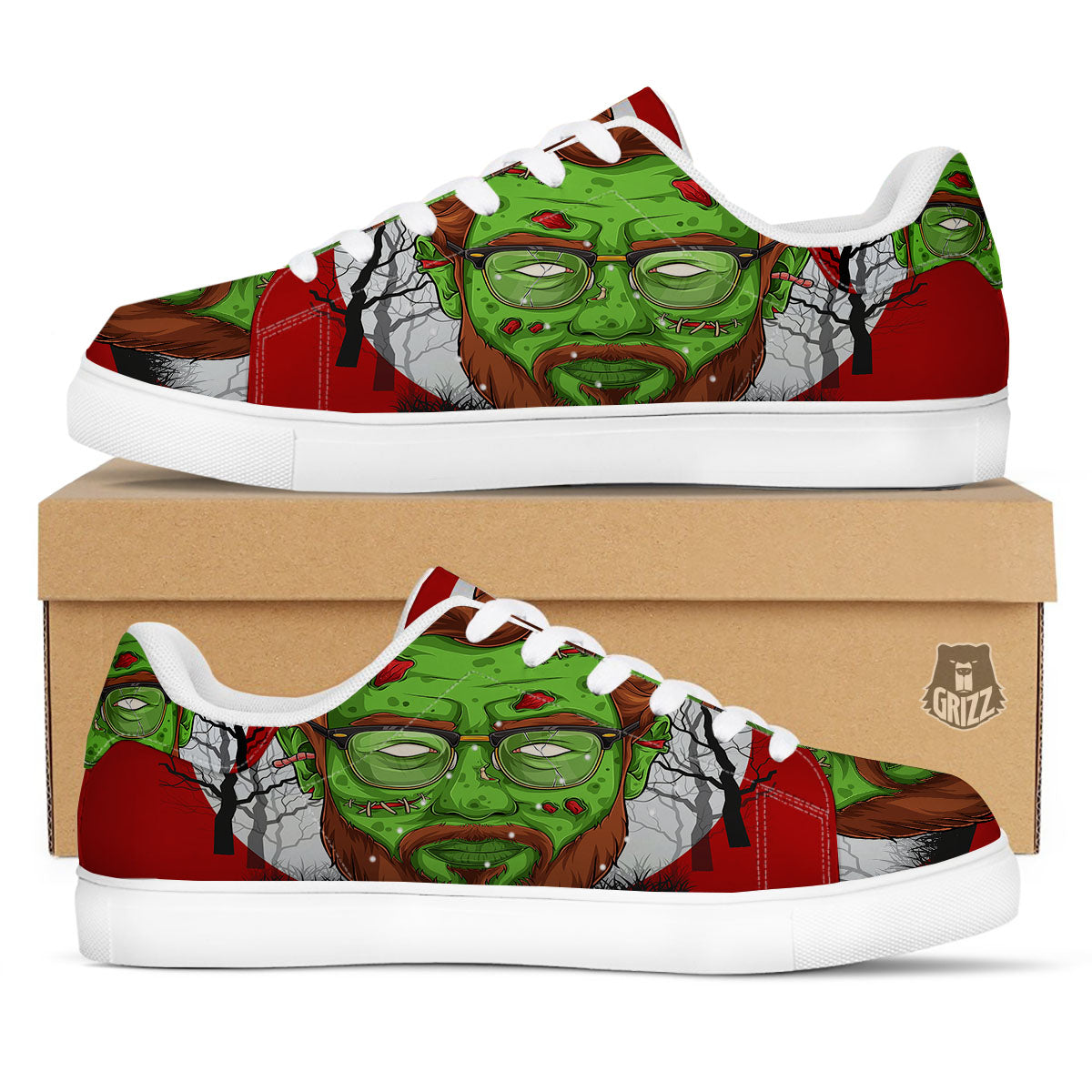 Zombie Face Halloween Character Print White Low Top Sneakers-grizzshop