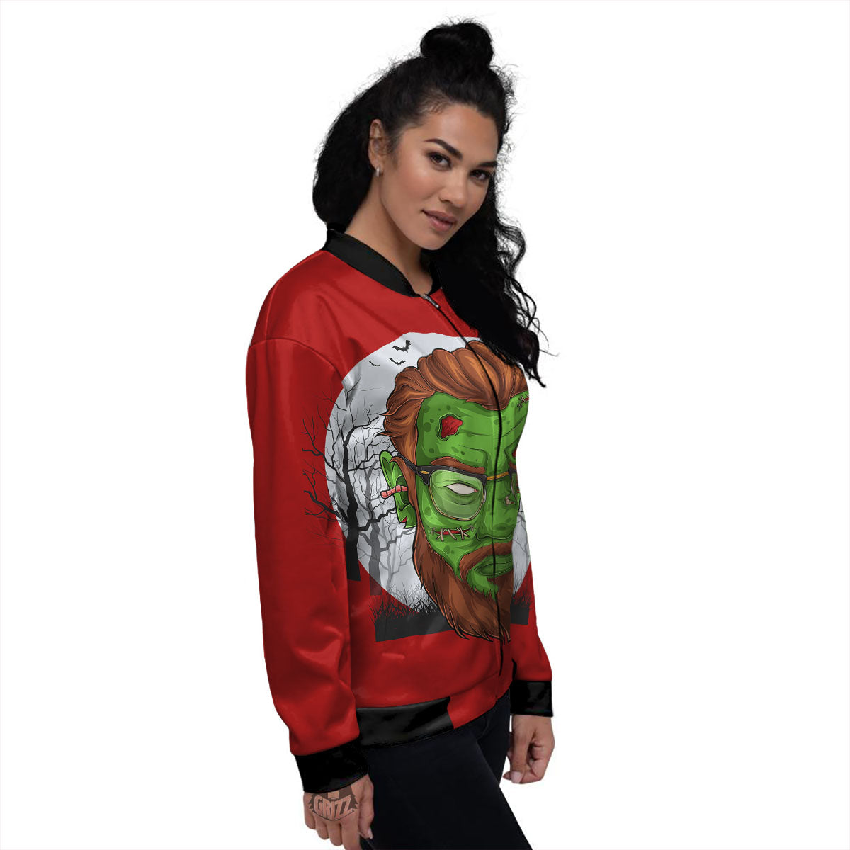 Zombie Face Halloween Character Print Women's Bomber Jacket-grizzshop